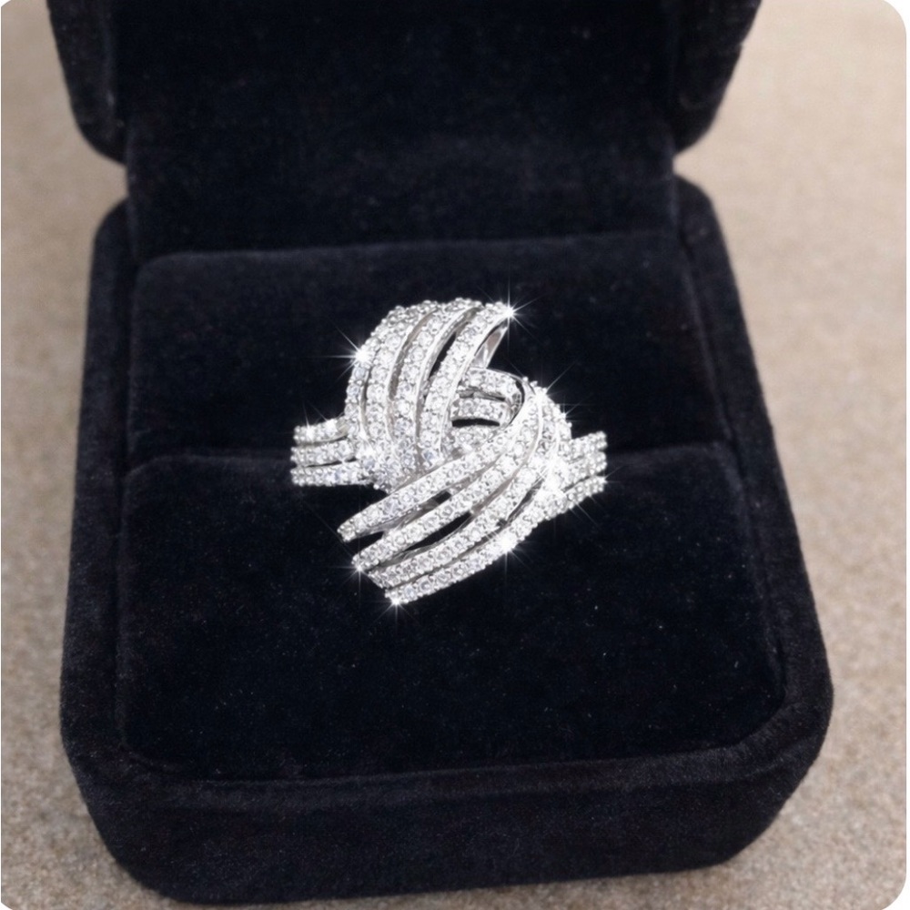 14K Solid Gold Ring with Dynamic Curved Bands and Sparkling Genuine Diamonds